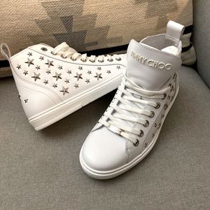 FINAL SALE Jimmy Choo colt studded star mid top WHITE sneakers logo NWT